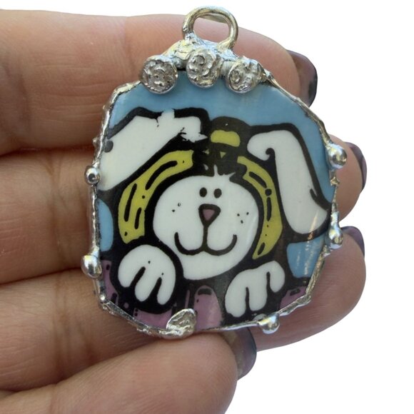 Handcrafted Jewelry - Royal Norfolk Easter Bunny Broken China Pendant - Silver Cabochon Necklace 1.5"